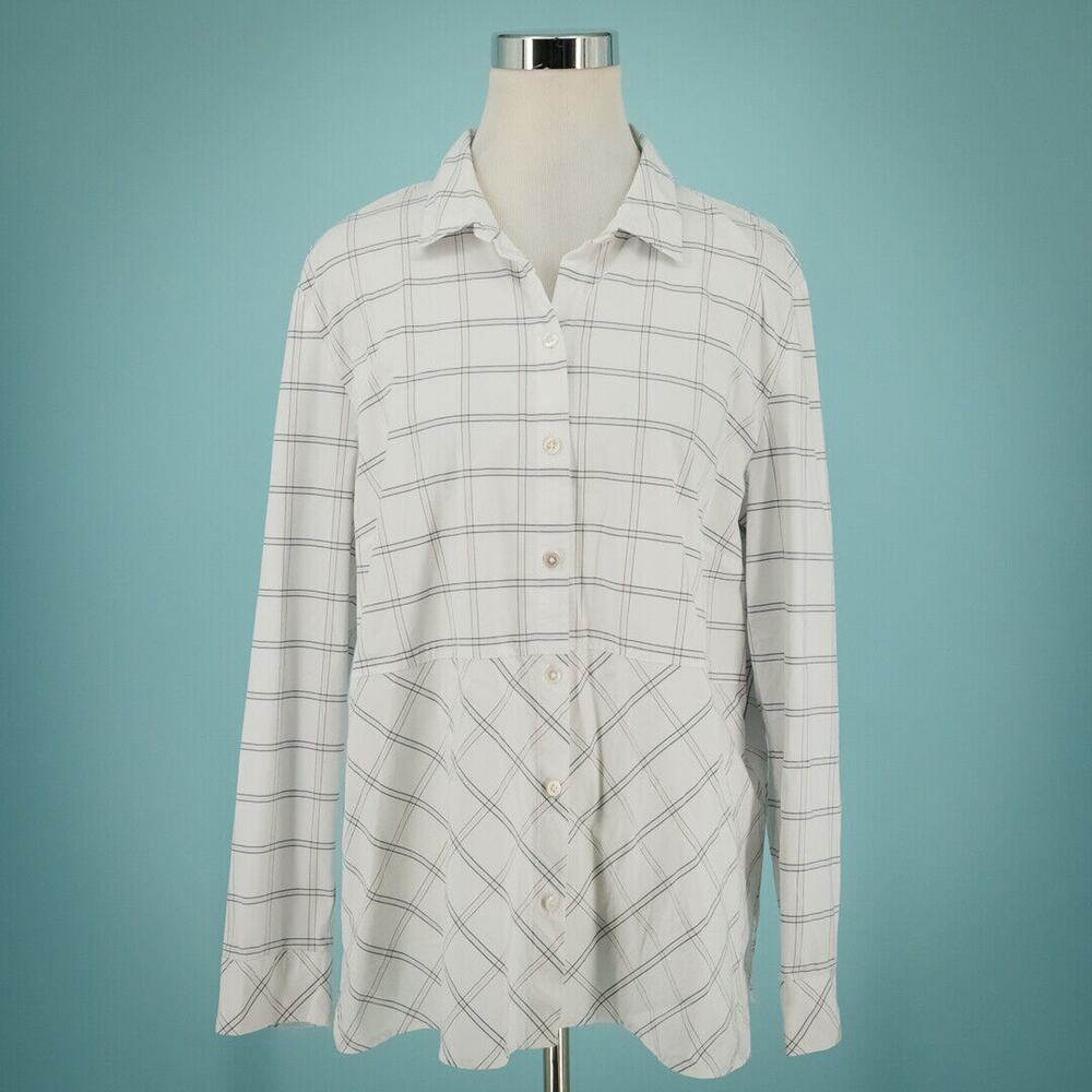 J. Jill Size XL White Plaid Check Print Button Front Down Collared Tunic Top